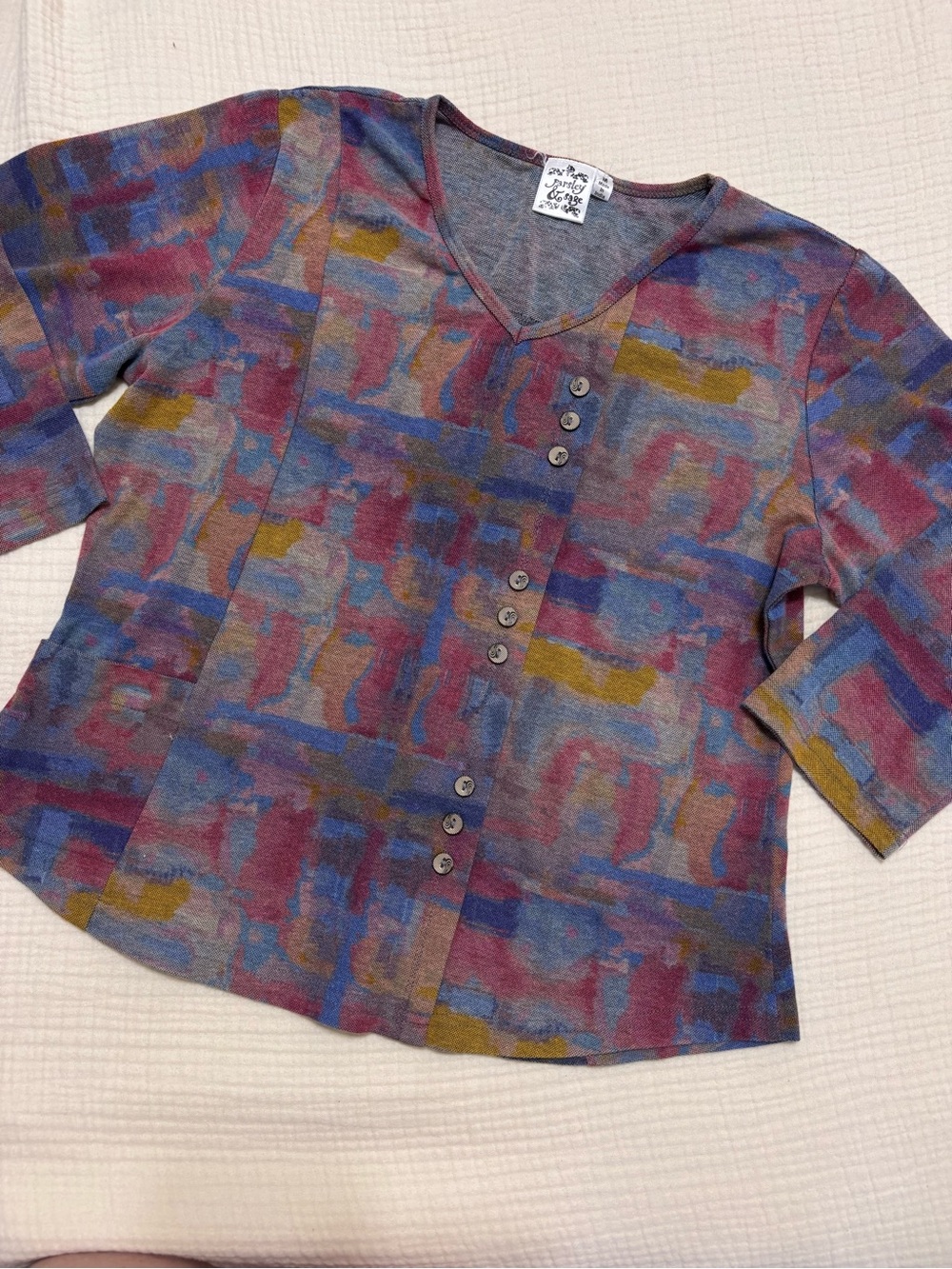 Parsley & Sage Multicolor Abstract V-Neck watercolor brush stroke 3/4 sleeve top
